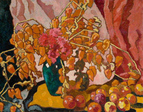 Physallis, vase bleu et pommes