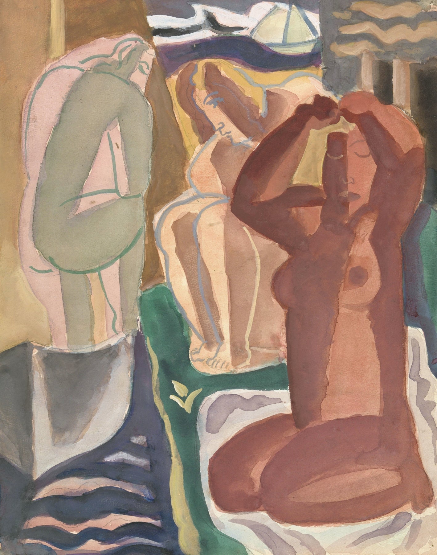 Two Bathing Women and a Figure from Behind