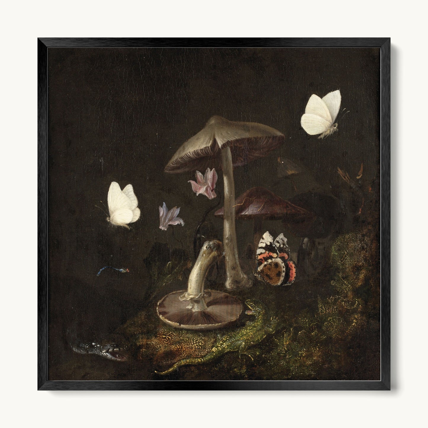 A Sottobosco with Mushrooms, Butterflies, a Dragonfly, a Snake and a Lizard