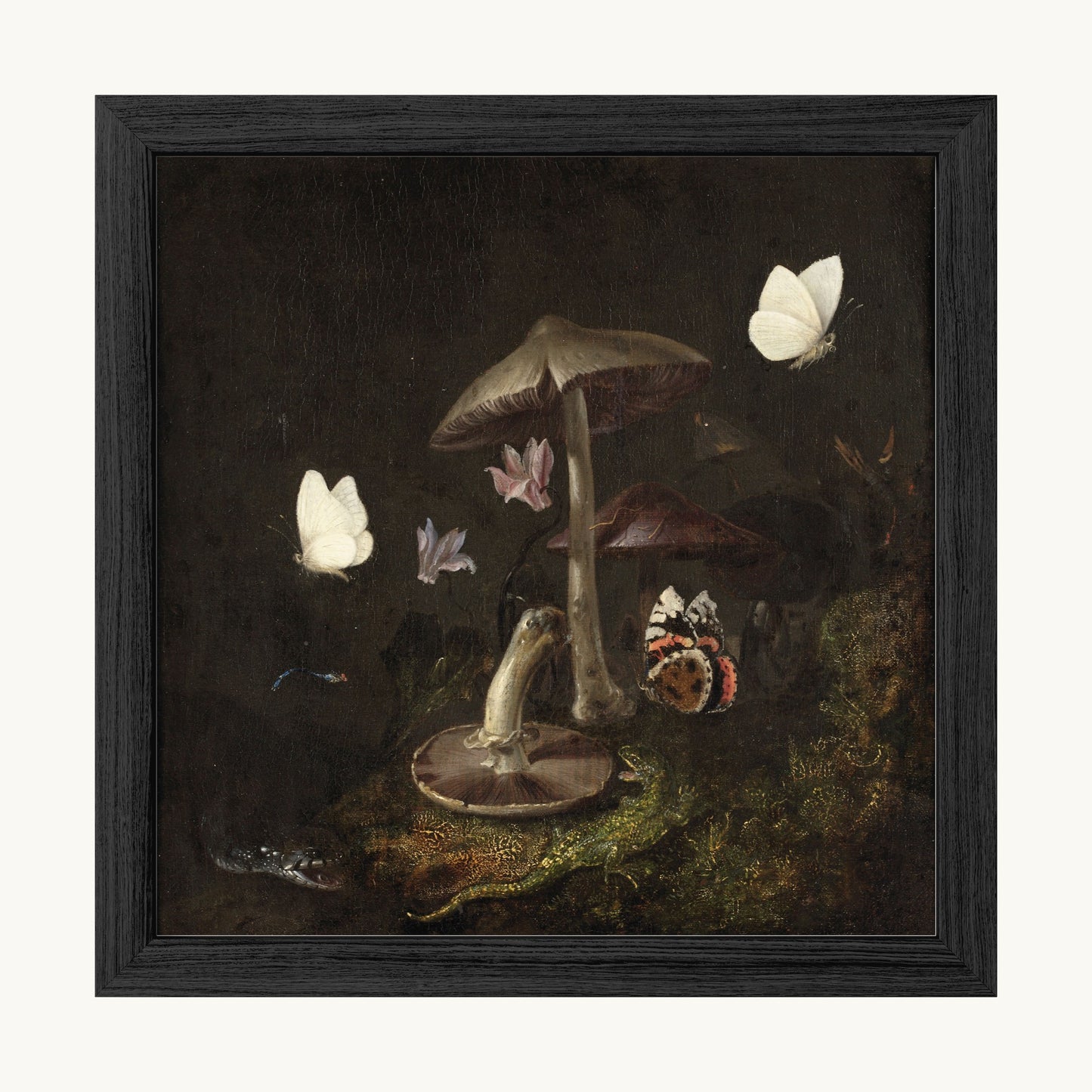 A Sottobosco with Mushrooms, Butterflies, a Dragonfly, a Snake and a Lizard