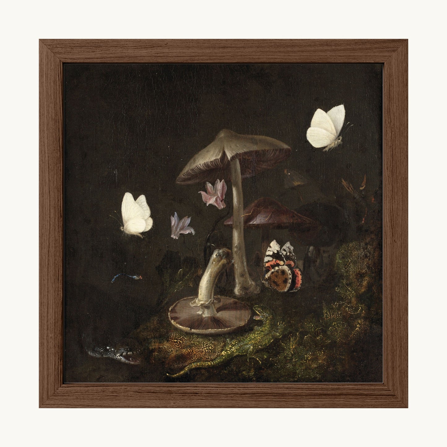 A Sottobosco with Mushrooms, Butterflies, a Dragonfly, a Snake and a Lizard
