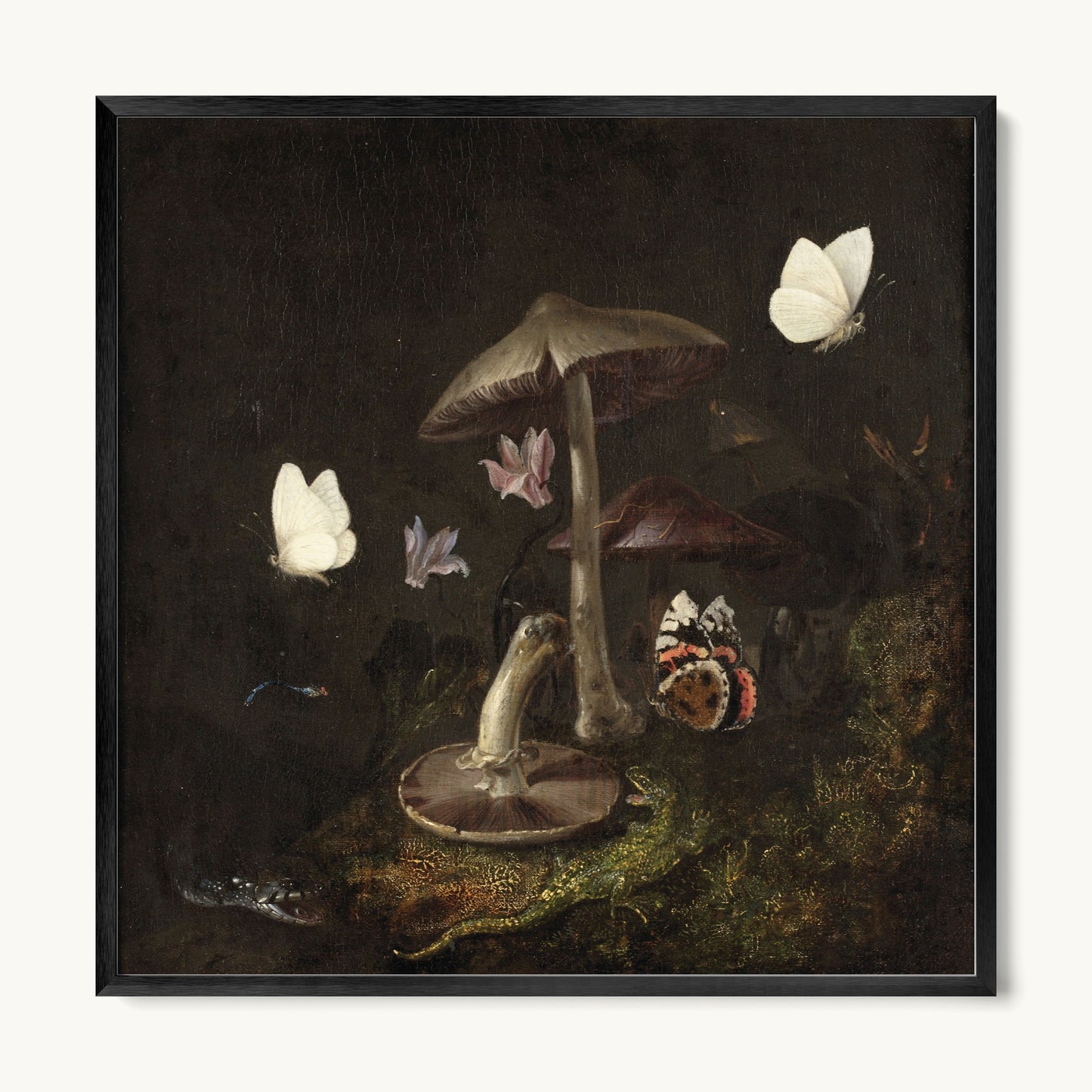 A Sottobosco with Mushrooms, Butterflies, a Dragonfly, a Snake and a Lizard