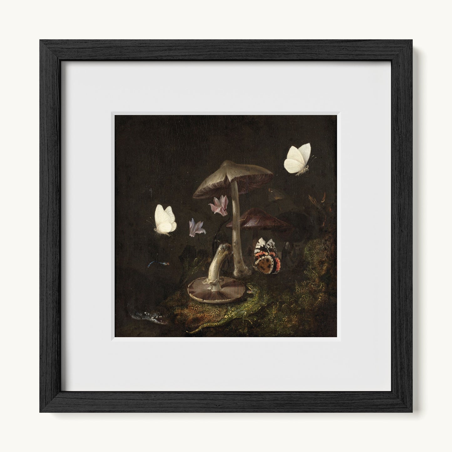 A Sottobosco with Mushrooms, Butterflies, a Dragonfly, a Snake and a Lizard