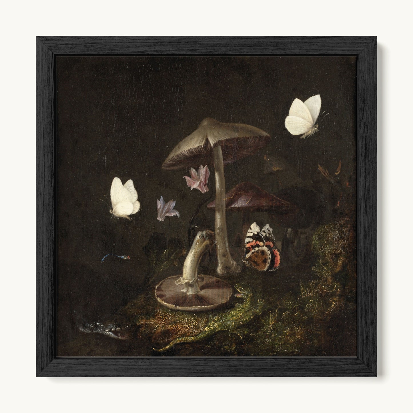 A Sottobosco with Mushrooms, Butterflies, a Dragonfly, a Snake and a Lizard