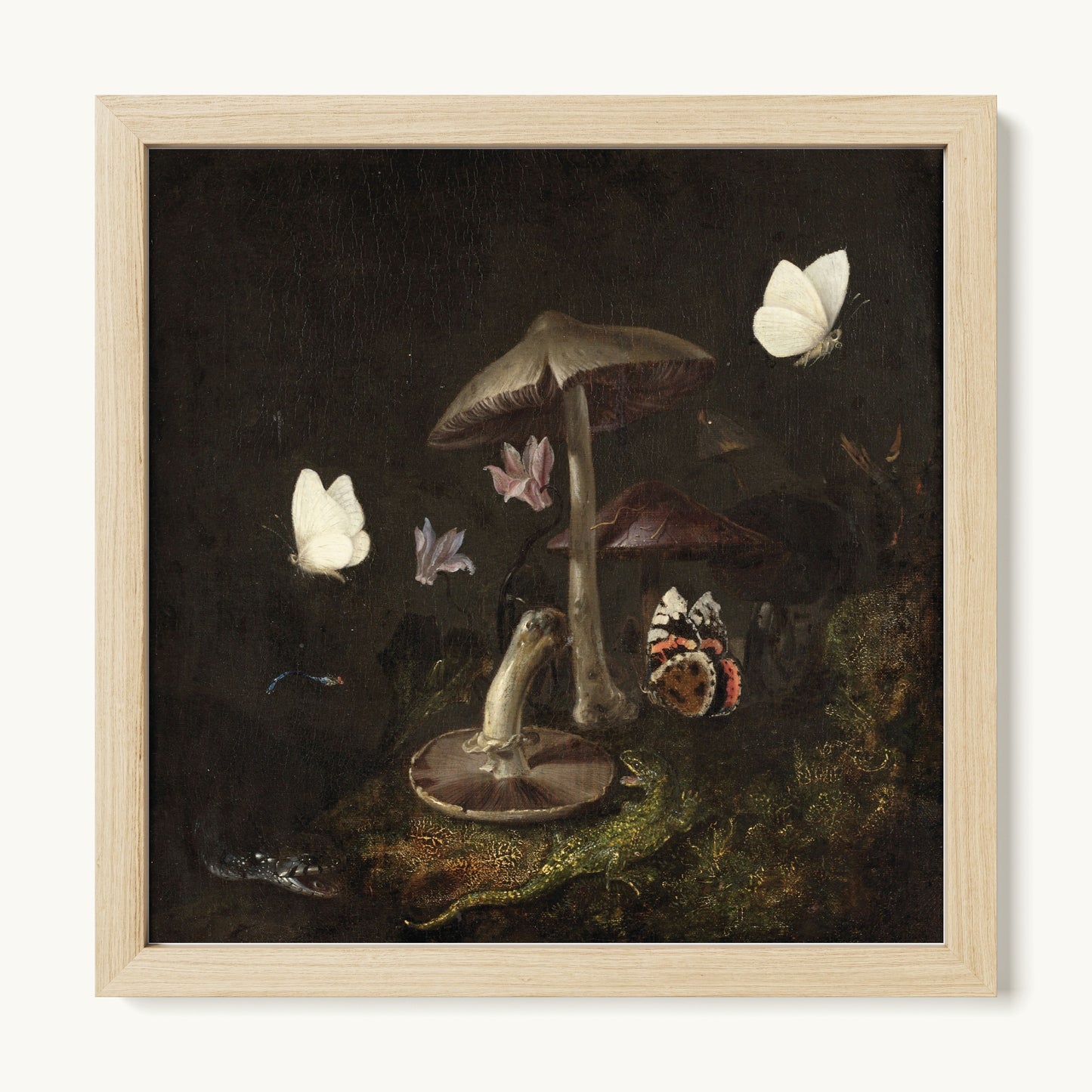 A Sottobosco with Mushrooms, Butterflies, a Dragonfly, a Snake and a Lizard