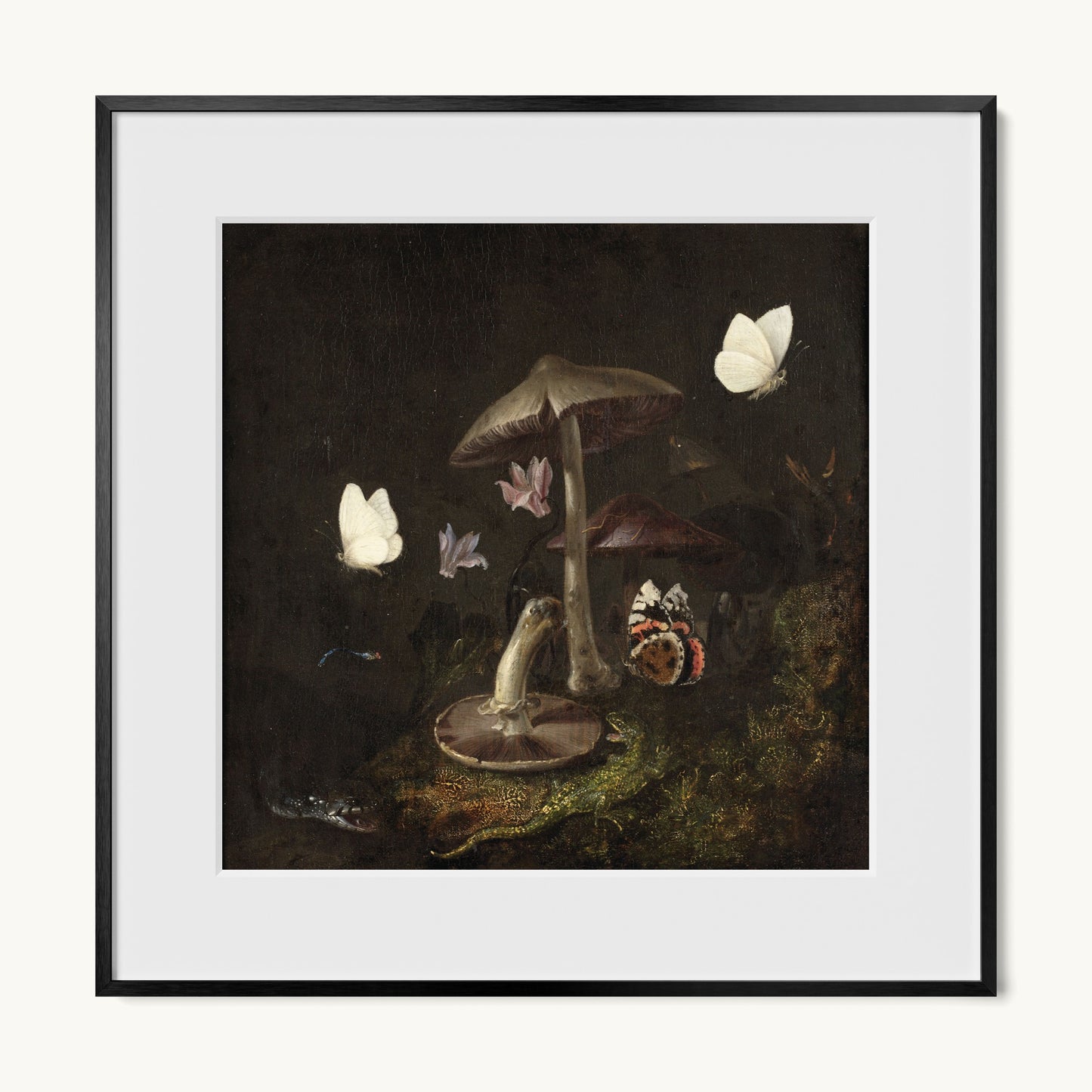 A Sottobosco with Mushrooms, Butterflies, a Dragonfly, a Snake and a Lizard