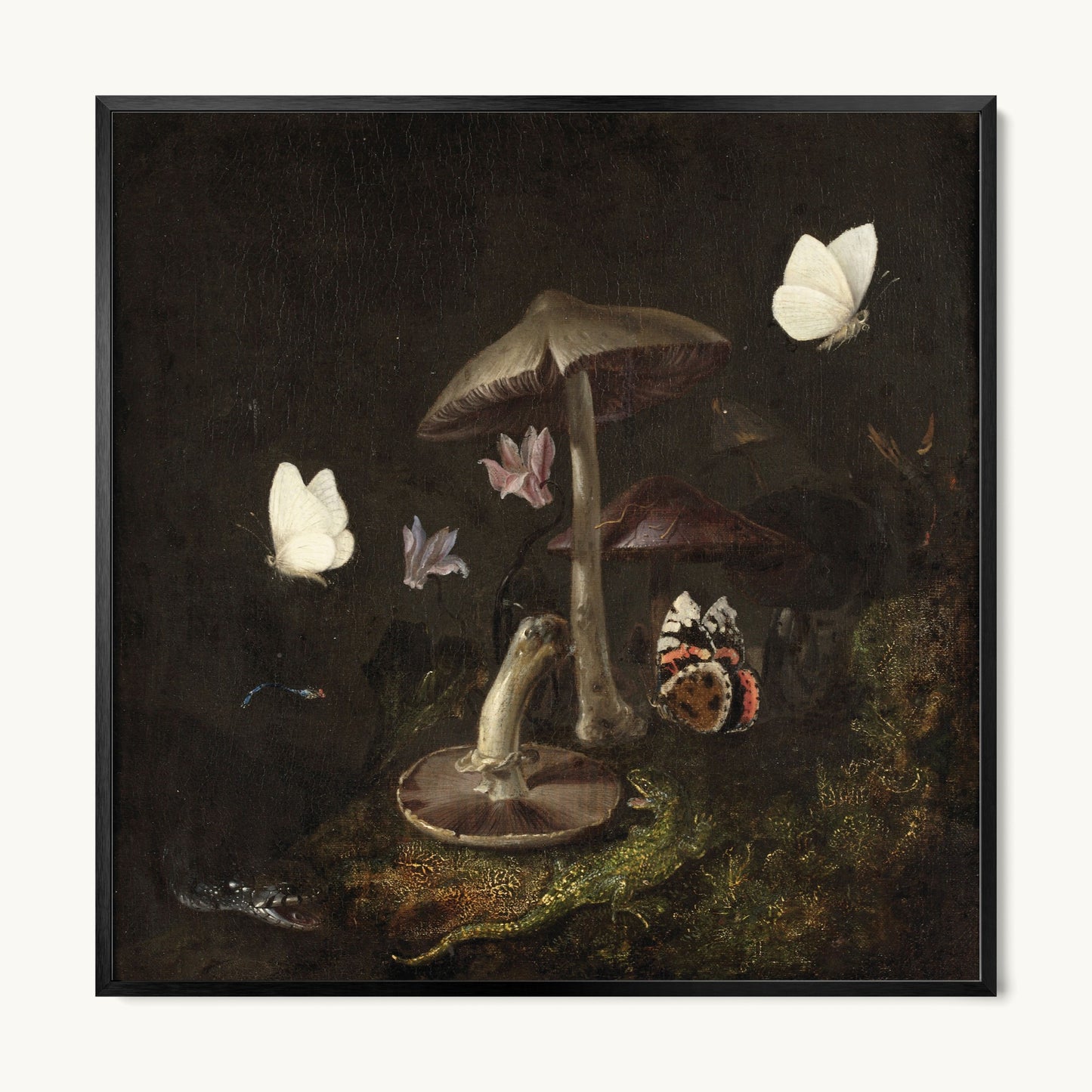 A Sottobosco with Mushrooms, Butterflies, a Dragonfly, a Snake and a Lizard