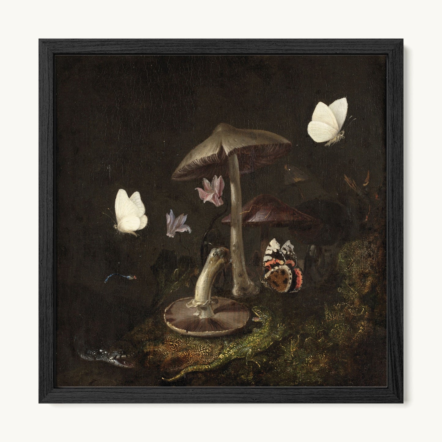 A Sottobosco with Mushrooms, Butterflies, a Dragonfly, a Snake and a Lizard