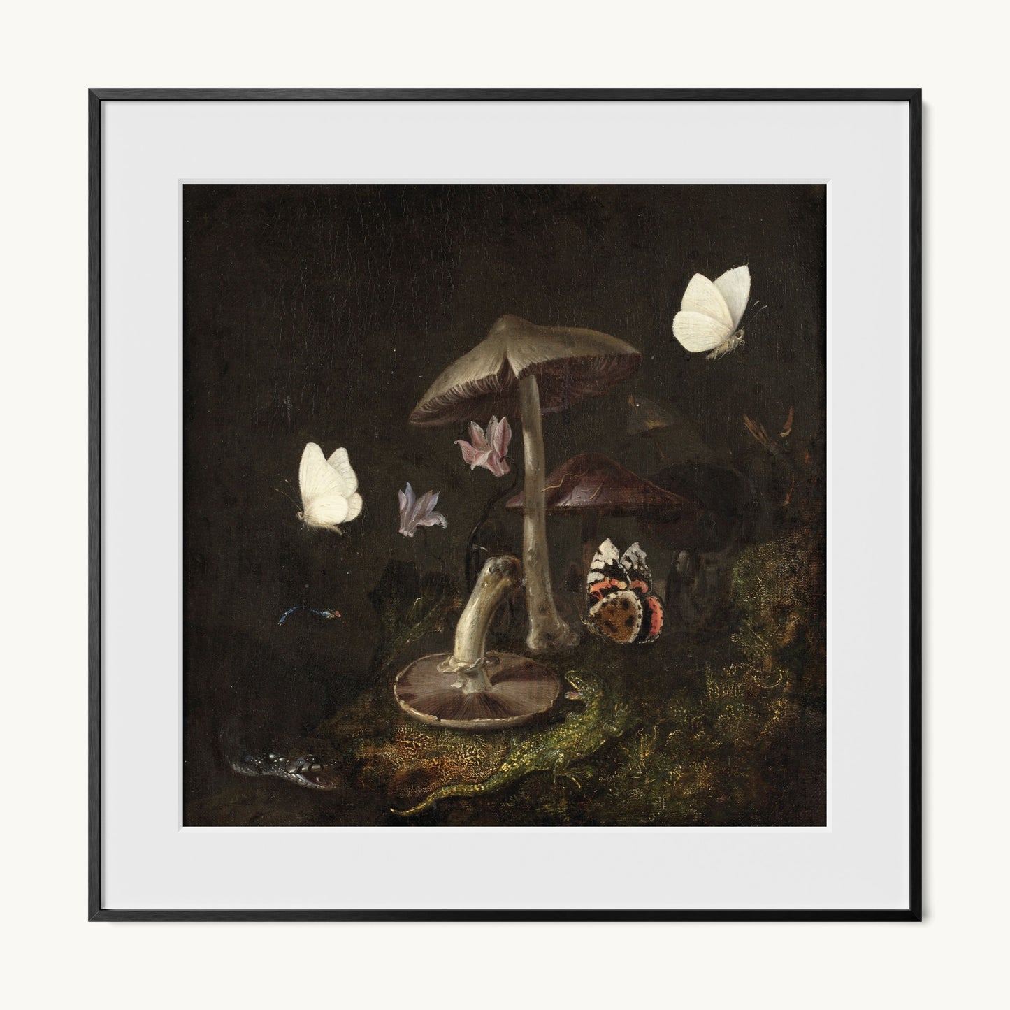 A Sottobosco with Mushrooms, Butterflies, a Dragonfly, a Snake and a Lizard