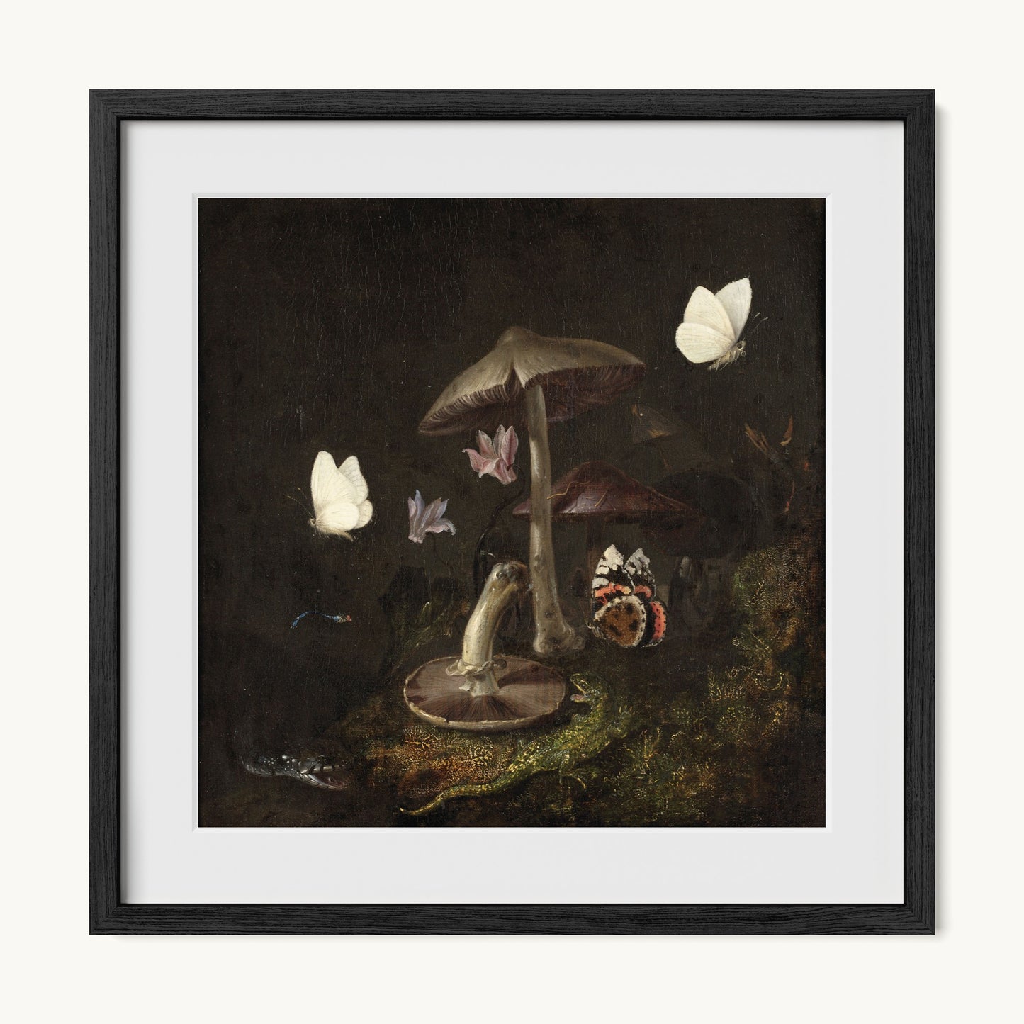 A Sottobosco with Mushrooms, Butterflies, a Dragonfly, a Snake and a Lizard
