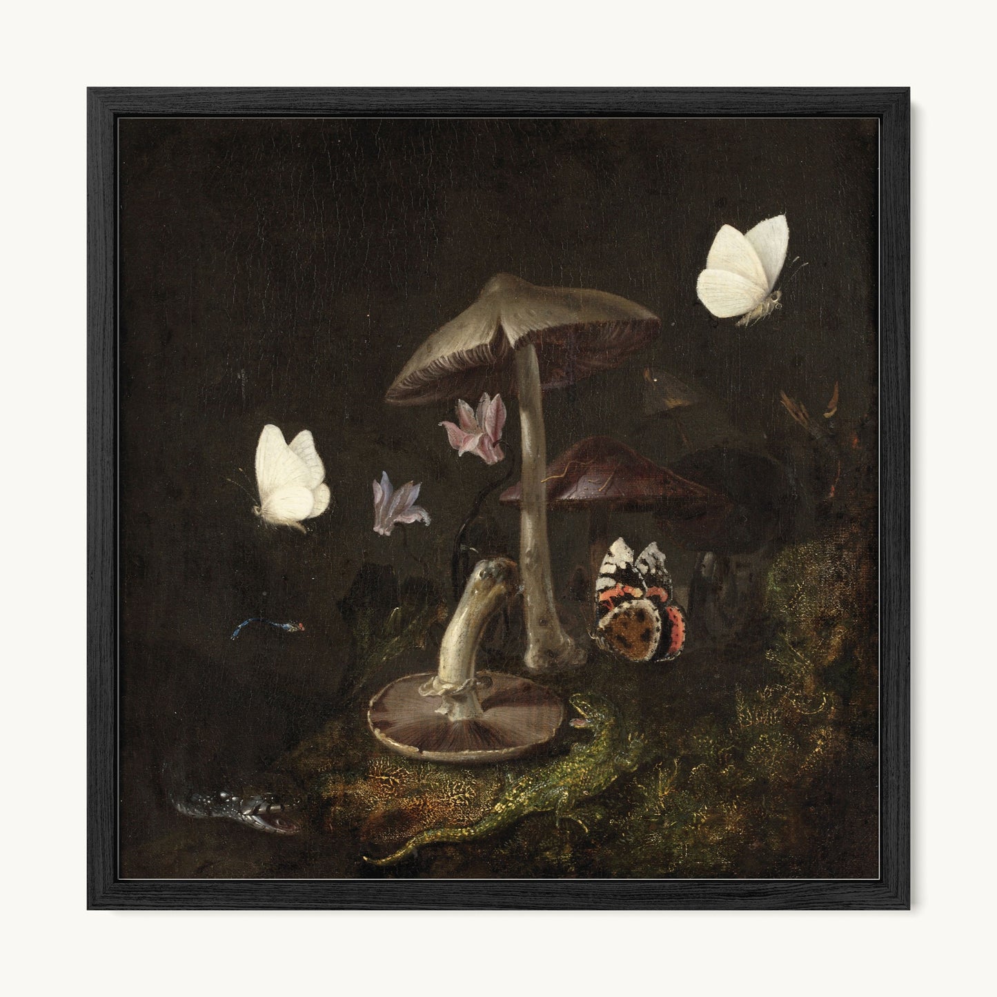 A Sottobosco with Mushrooms, Butterflies, a Dragonfly, a Snake and a Lizard