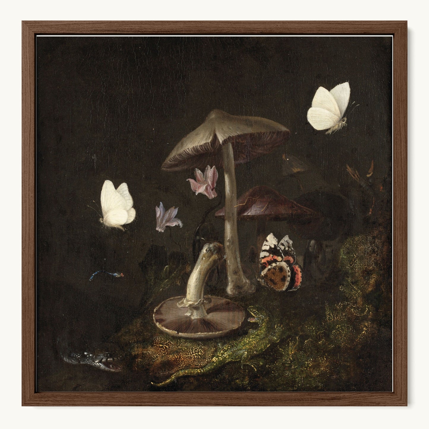 A Sottobosco with Mushrooms, Butterflies, a Dragonfly, a Snake and a Lizard