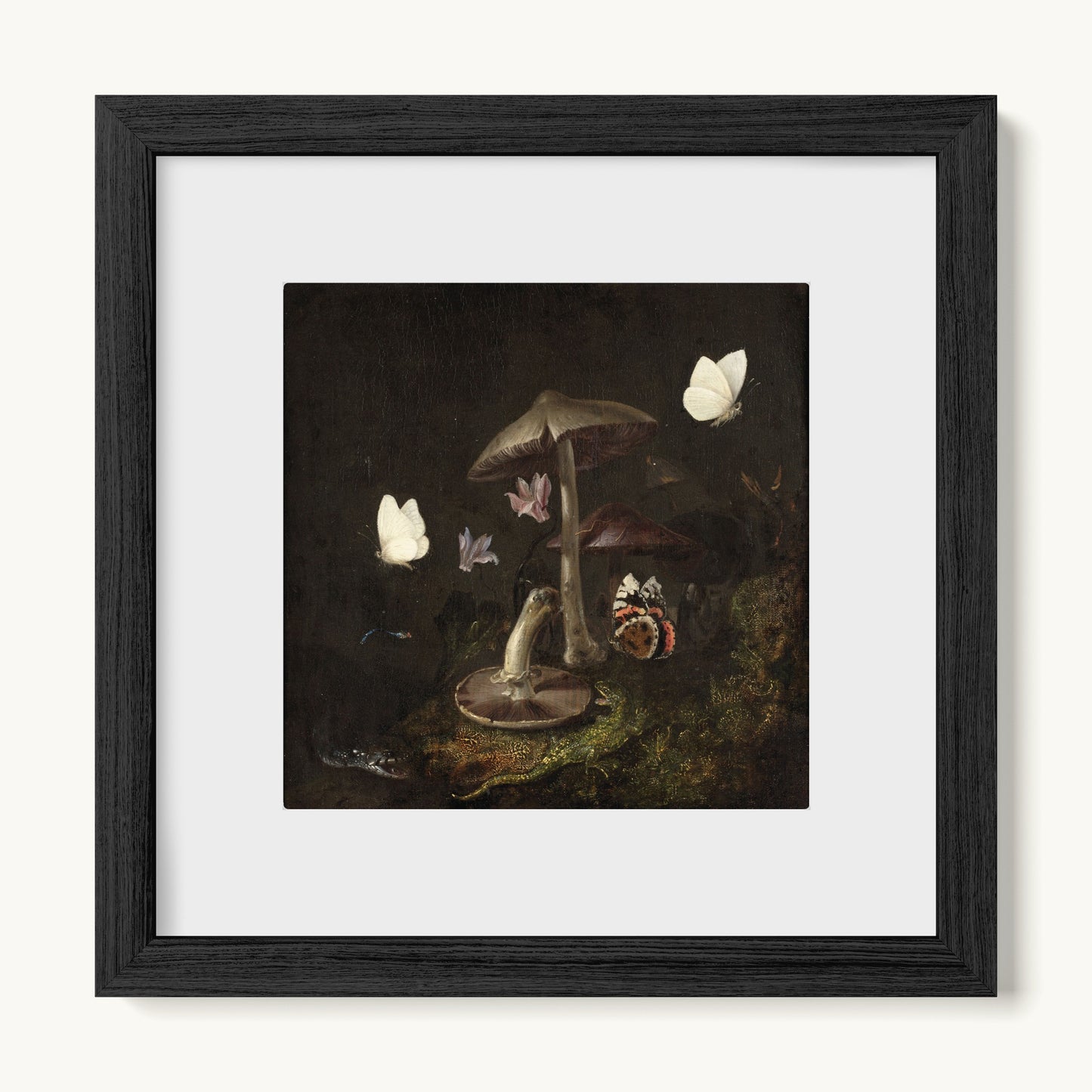 A Sottobosco with Mushrooms, Butterflies, a Dragonfly, a Snake and a Lizard