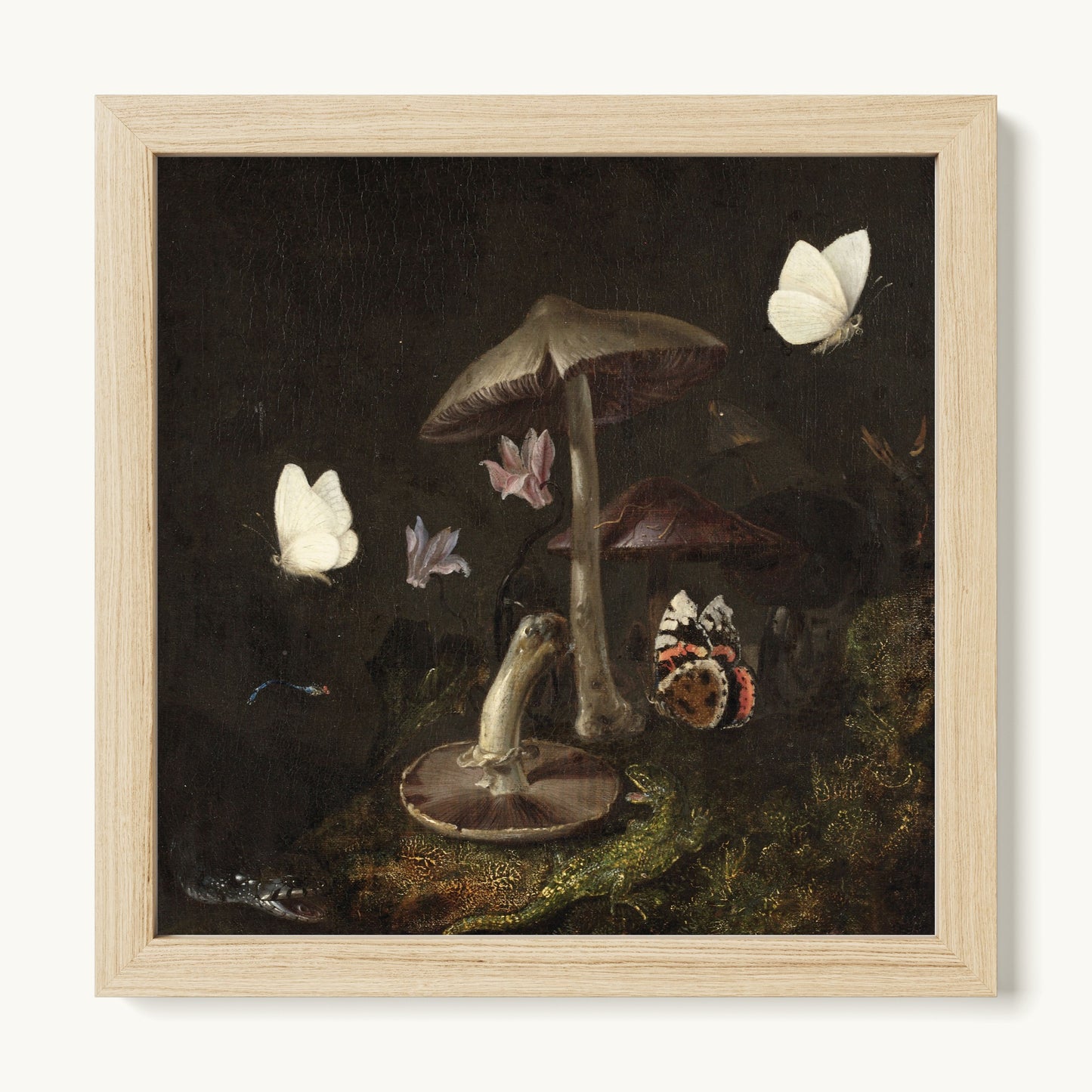 A Sottobosco with Mushrooms, Butterflies, a Dragonfly, a Snake and a Lizard