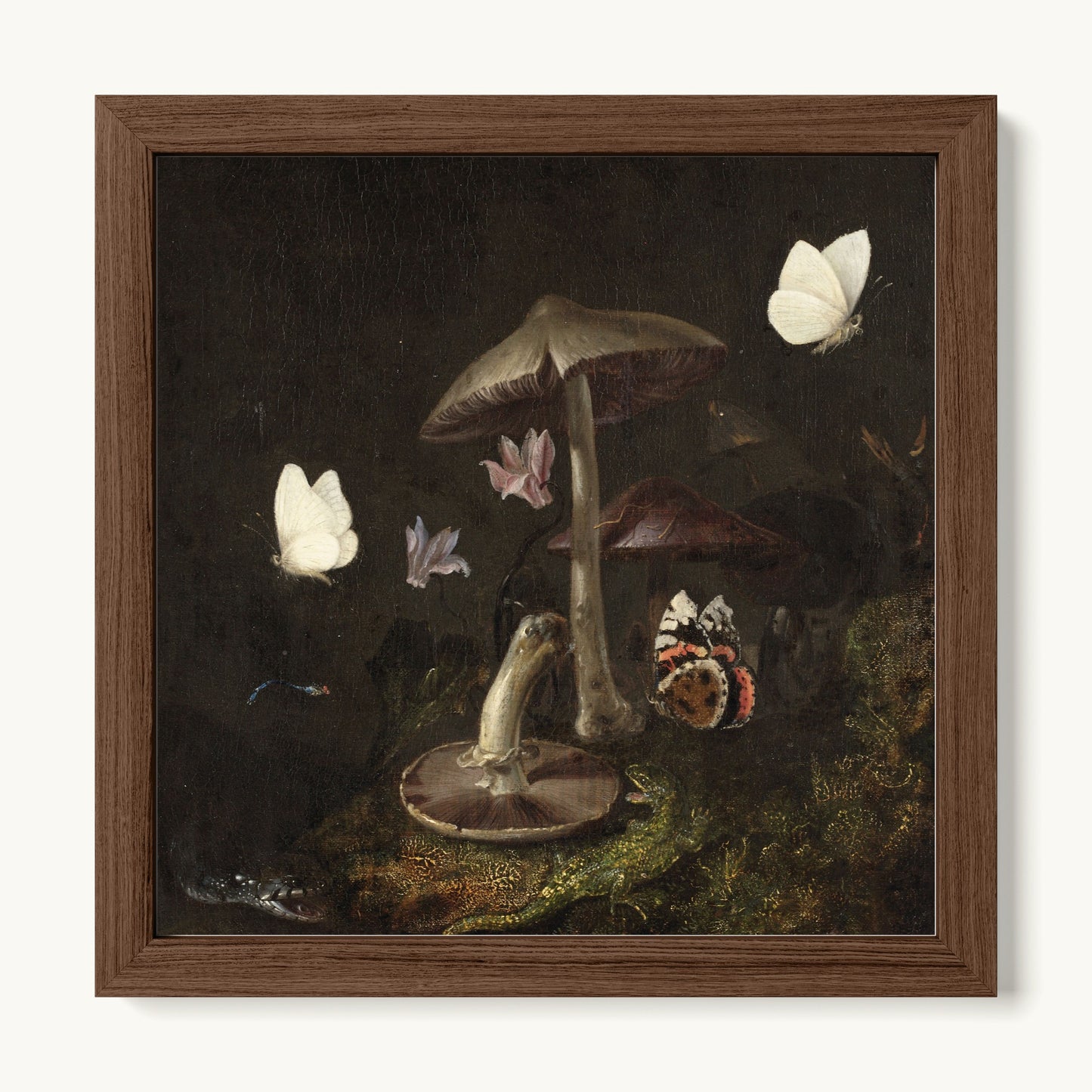 A Sottobosco with Mushrooms, Butterflies, a Dragonfly, a Snake and a Lizard
