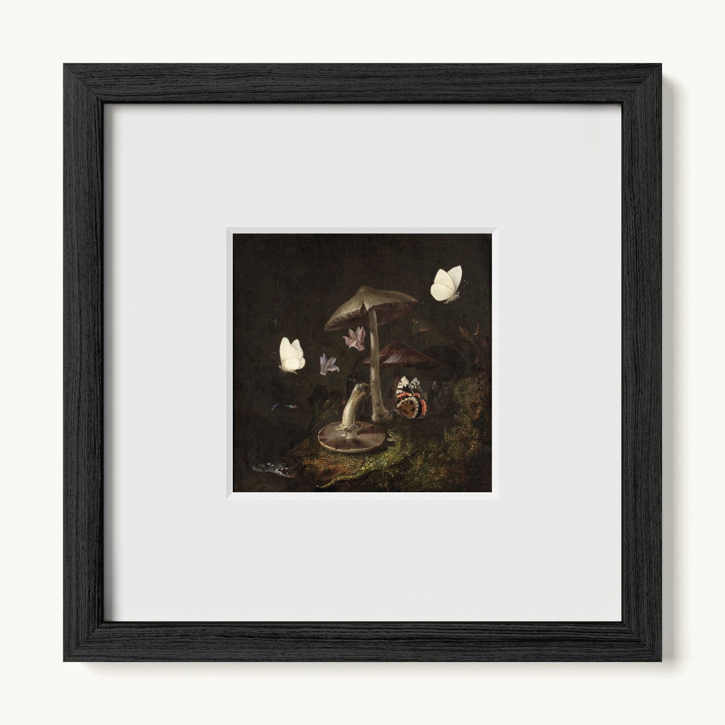 A Sottobosco with Mushrooms, Butterflies, a Dragonfly, a Snake and a Lizard