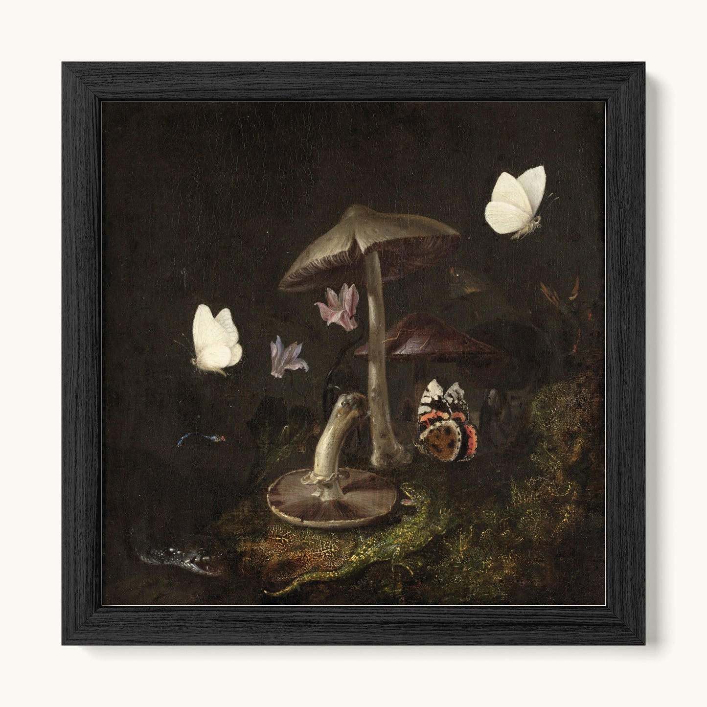 A Sottobosco with Mushrooms, Butterflies, a Dragonfly, a Snake and a Lizard