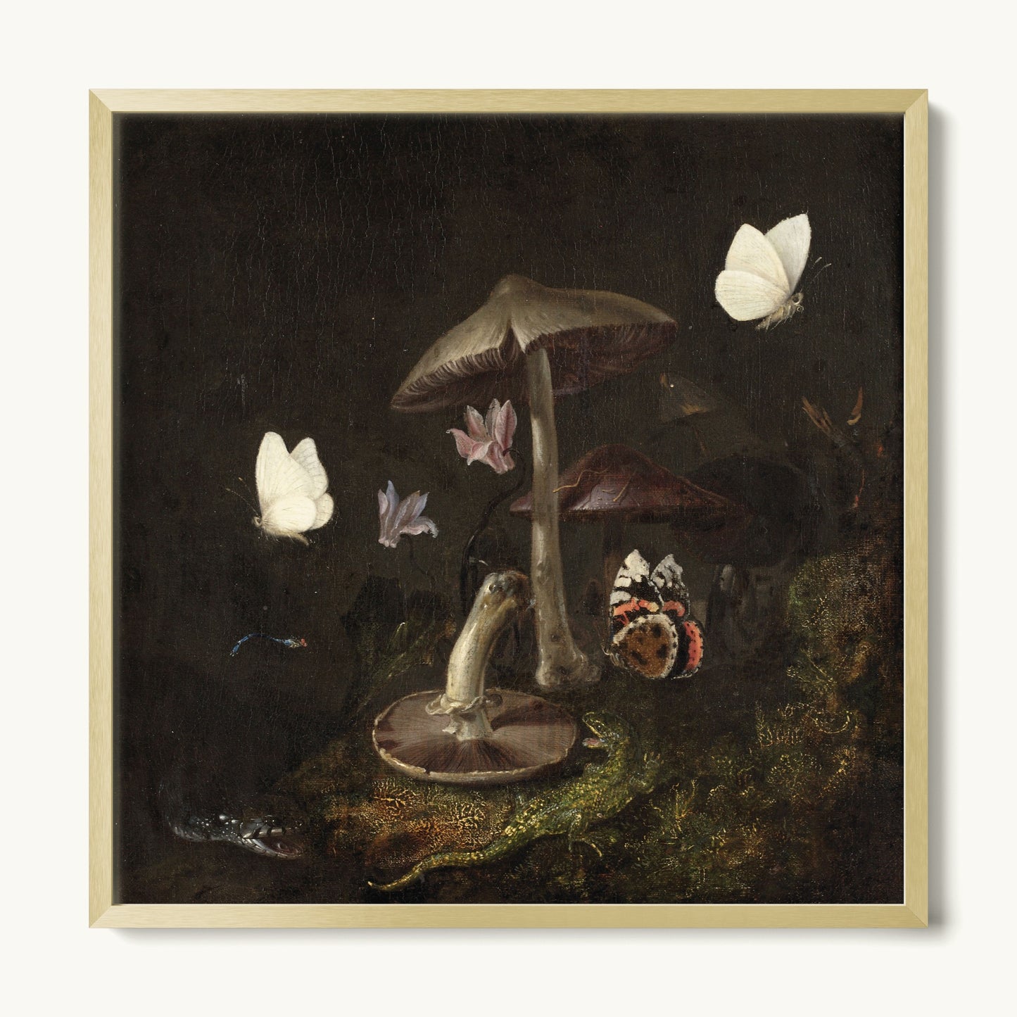 A Sottobosco with Mushrooms, Butterflies, a Dragonfly, a Snake and a Lizard