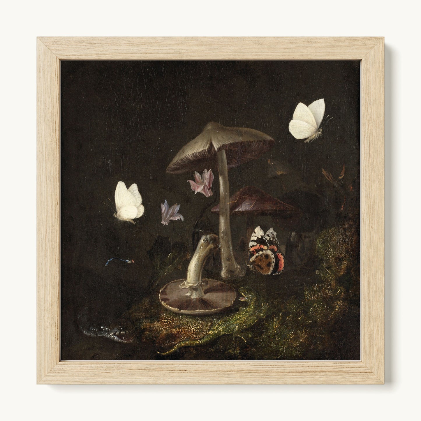 A Sottobosco with Mushrooms, Butterflies, a Dragonfly, a Snake and a Lizard