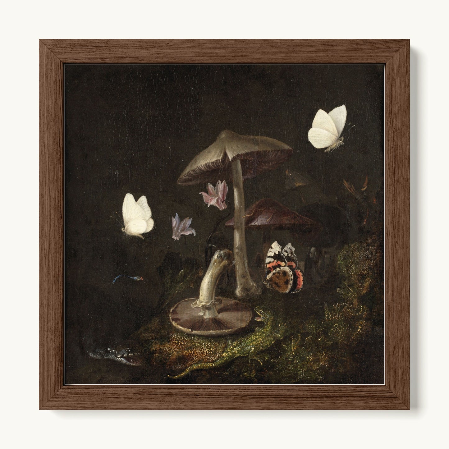 A Sottobosco with Mushrooms, Butterflies, a Dragonfly, a Snake and a Lizard