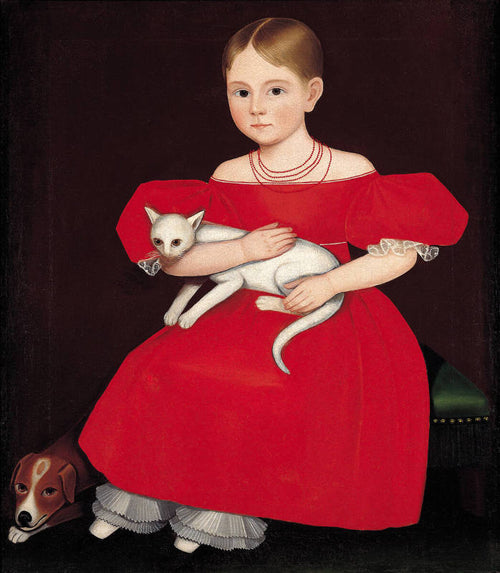 Girl in Red Dress with Cat and Dog